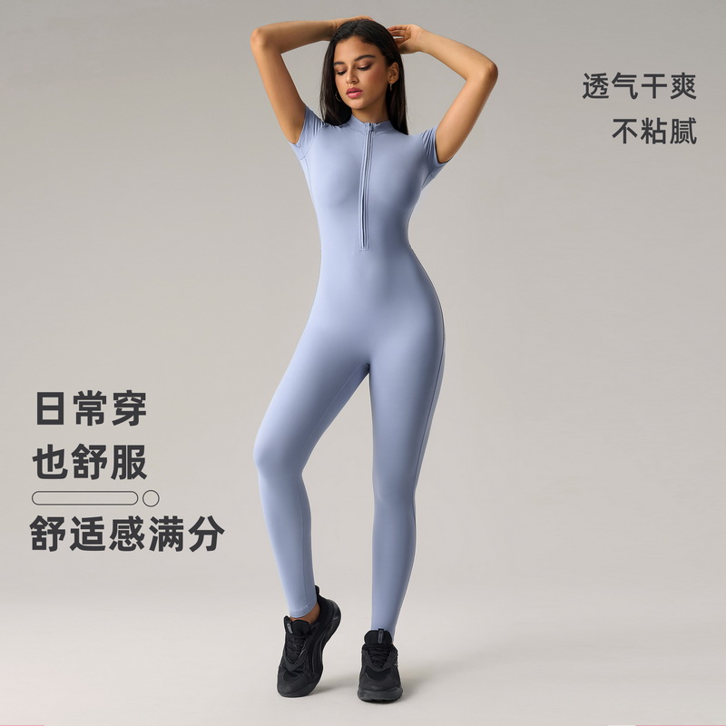 欧美裸感拉链短袖瑜伽服连体衣提臀显瘦运动紧身连体健身裤