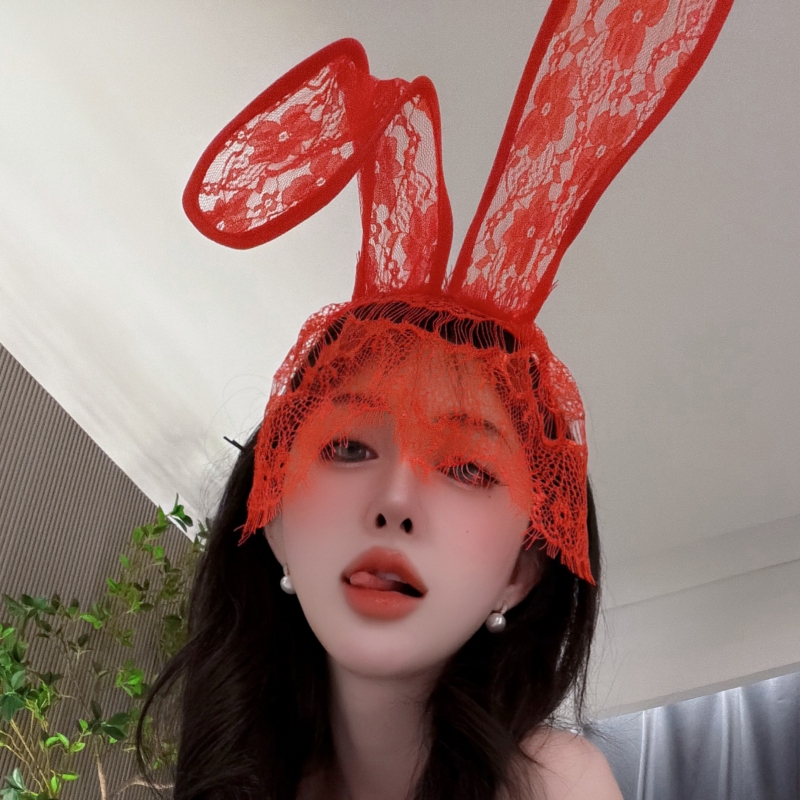 KOL情趣性感蕾丝兔耳朵面纱发箍发卡女调情挑逗网红发饰