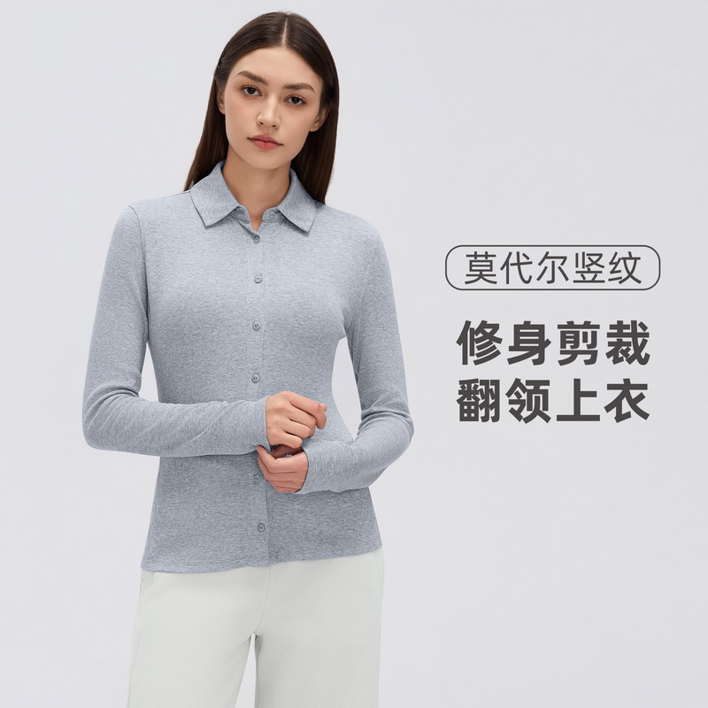 瑜伽长袖女莫代尔透气亲肤翻领休闲T恤亨利领纽扣百搭上衣